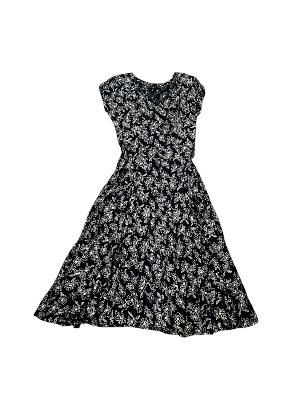 VTG Nostalgia Floral Midi Dress Cap Sleeve Shoulder Pads Side Buttons 90s Grunge